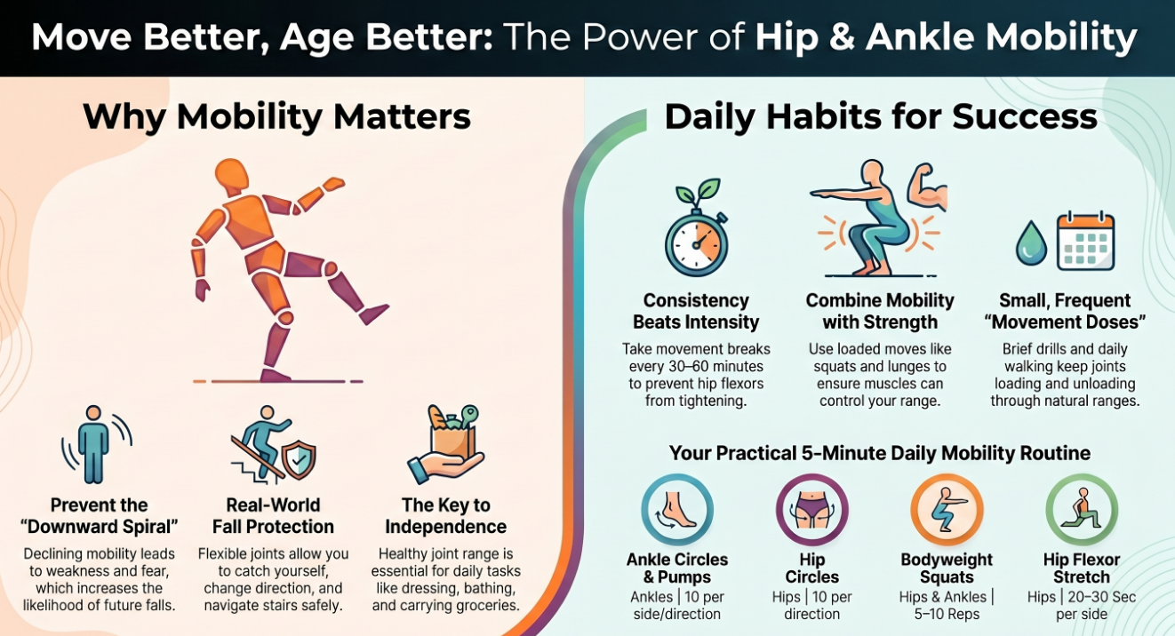 Move Better, Age Better: The Power of Hip & Ankle Mobility — infographic showing why mobility matters and daily habits for success.